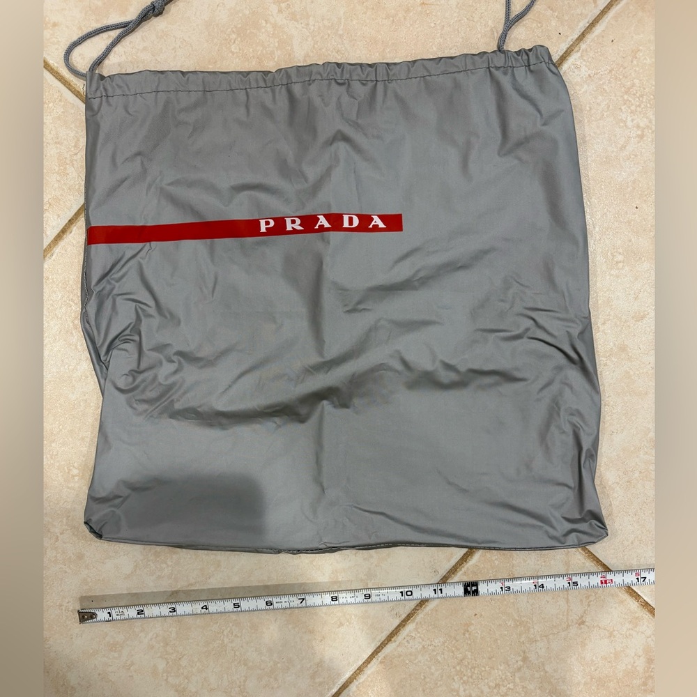Prada Gray Drawstring Dust Bag with Red Logo Stripe